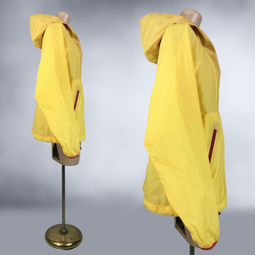 VINTAGE 90s Yellow Hooded Windbreaker Rain Jacket with Storage Pouch by Sierra - Picture 6 of 10